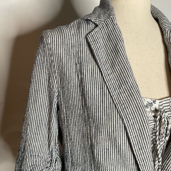 Max Studio Jackets & Blazers - Max Studio Blue Stripe Linen Blend Ruched Sleeve Notch Collar Blazer Size XSmall